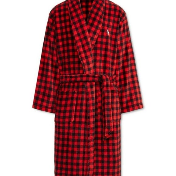 NWT MEN'S POLO RALPH LAUREN PLAID PLUSH BATH ROBE  RED BLACK‎ - Picture 1 of 7